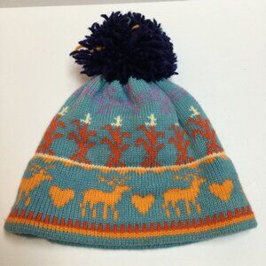 Obermeyer Knit Hat Toboggan Deer Heart Pattern Blue Orange Winter Pom Pom Beanie